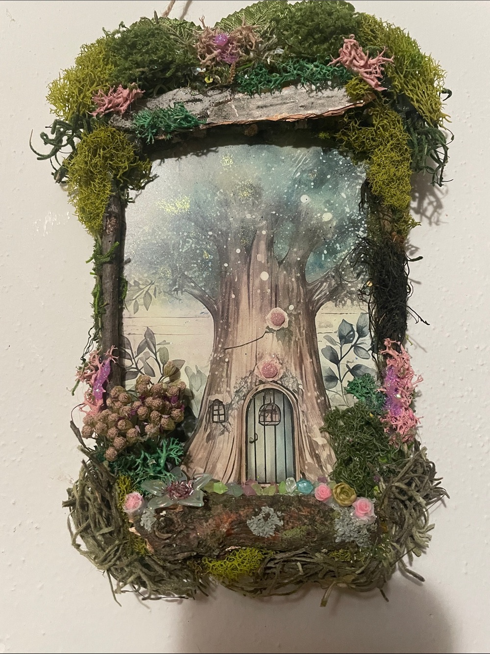 Fairy Tree Door Wall Art in Teal and Moss Green handcrafted border whimsical